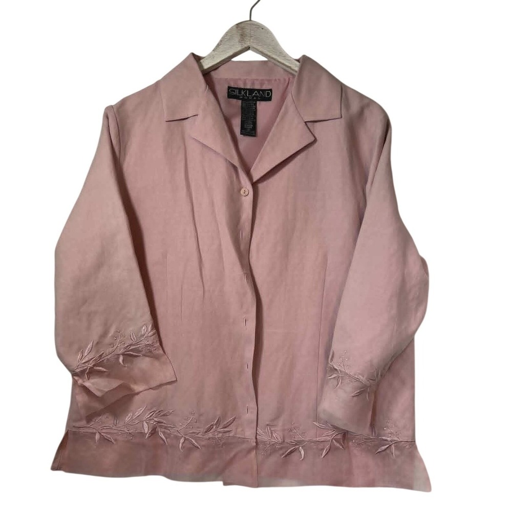 Silkland Woman Pink Silk Linen Blend Embroidered Button Front Shirt Size 1X